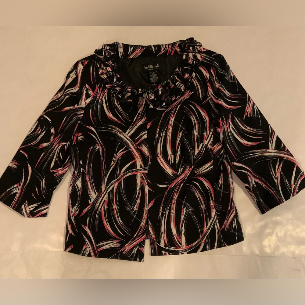 Ivy Chic Black, Pink & White Woman’s Petite Small Blazer Ruffled Collar NWOT